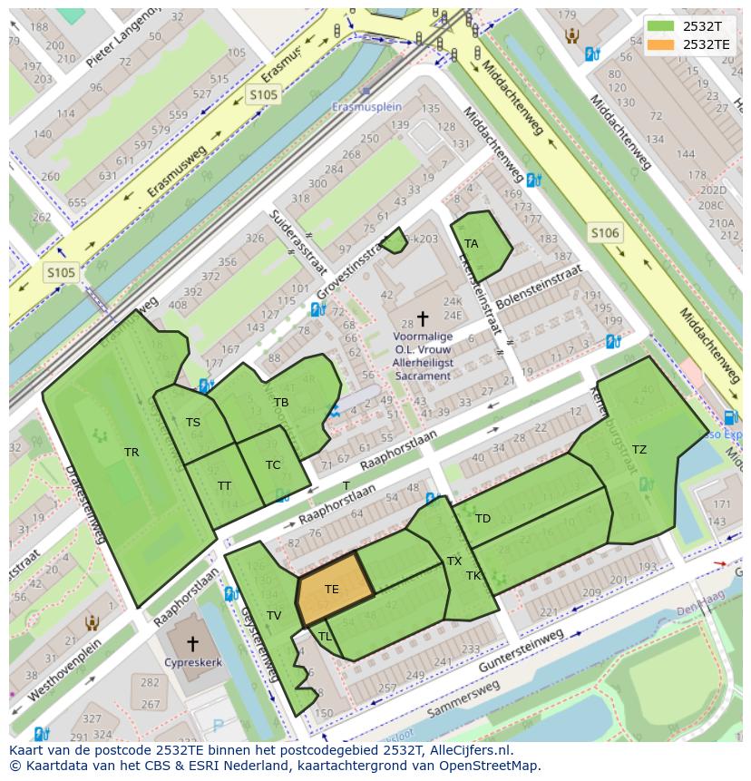 Afbeelding van het postcodegebied 2532 TE op de kaart.