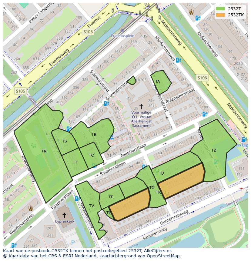 Afbeelding van het postcodegebied 2532 TK op de kaart.