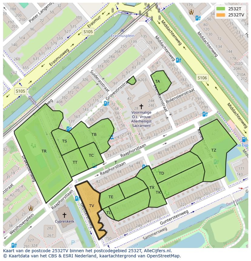 Afbeelding van het postcodegebied 2532 TV op de kaart.