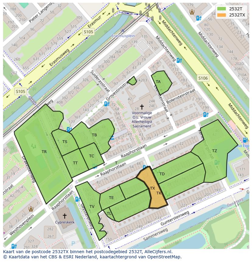 Afbeelding van het postcodegebied 2532 TX op de kaart.