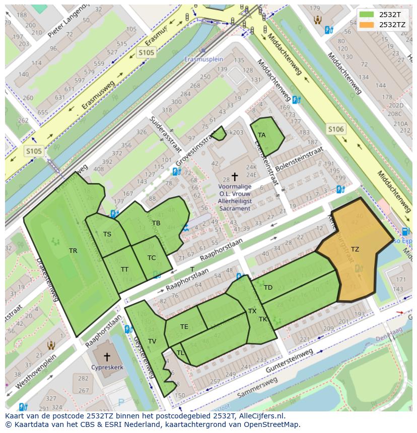 Afbeelding van het postcodegebied 2532 TZ op de kaart.