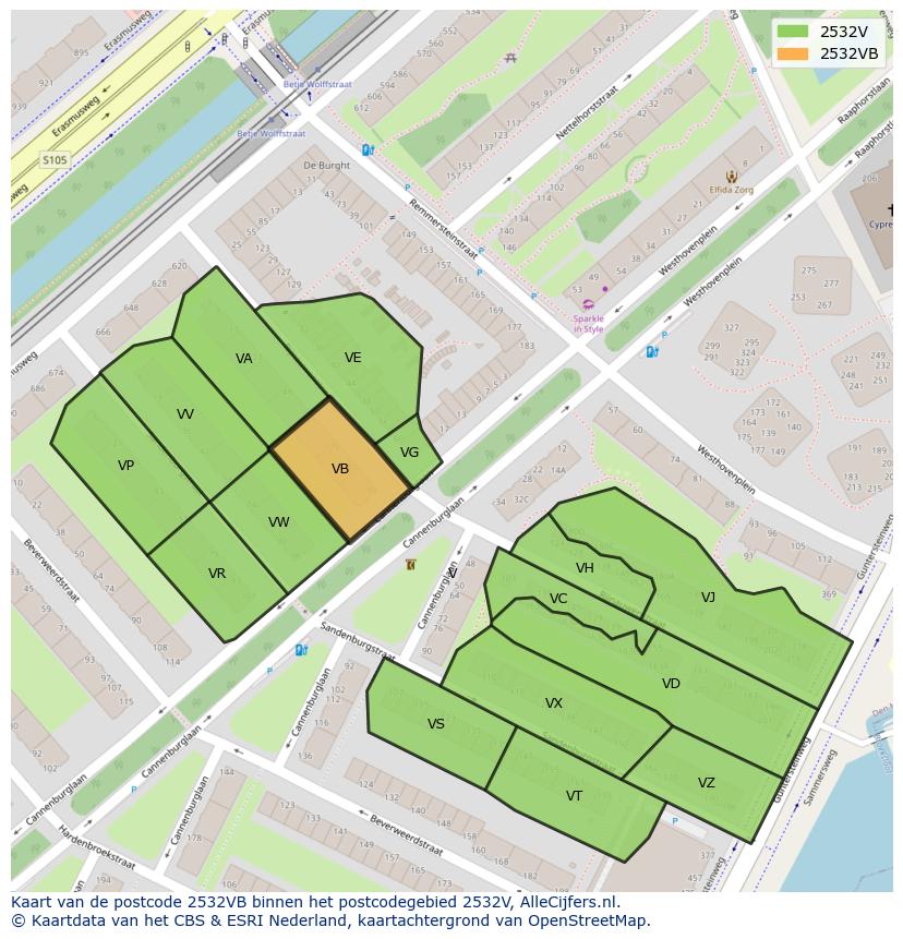 Afbeelding van het postcodegebied 2532 VB op de kaart.