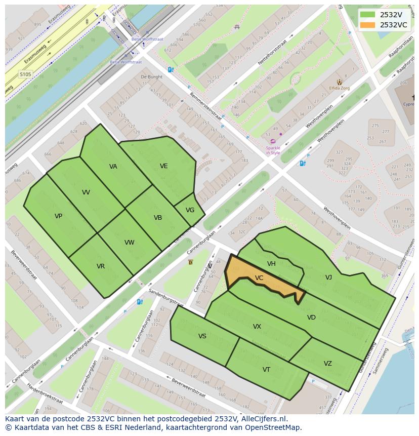 Afbeelding van het postcodegebied 2532 VC op de kaart.