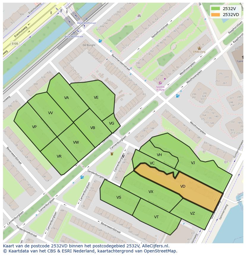 Afbeelding van het postcodegebied 2532 VD op de kaart.