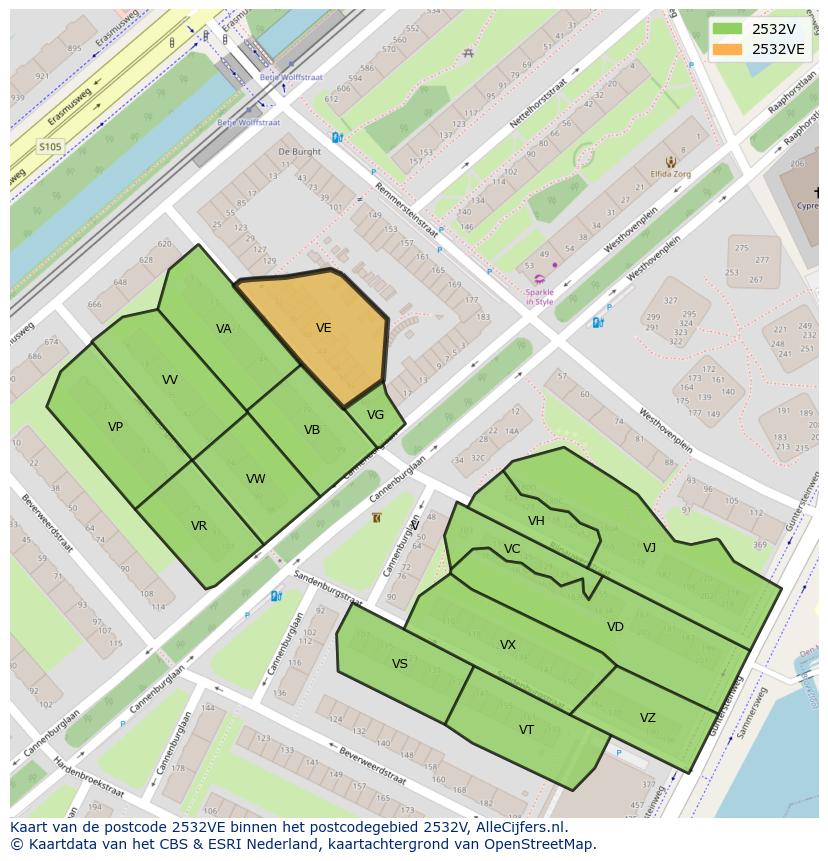 Afbeelding van het postcodegebied 2532 VE op de kaart.