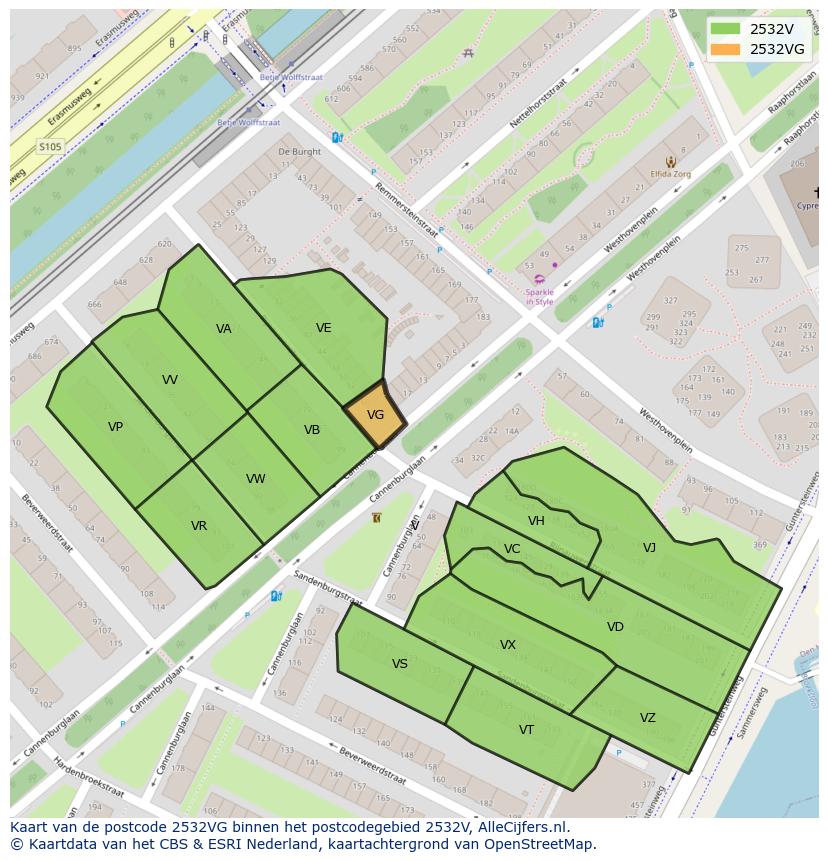 Afbeelding van het postcodegebied 2532 VG op de kaart.