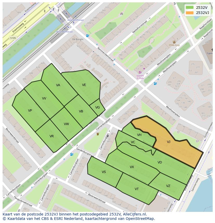 Afbeelding van het postcodegebied 2532 VJ op de kaart.