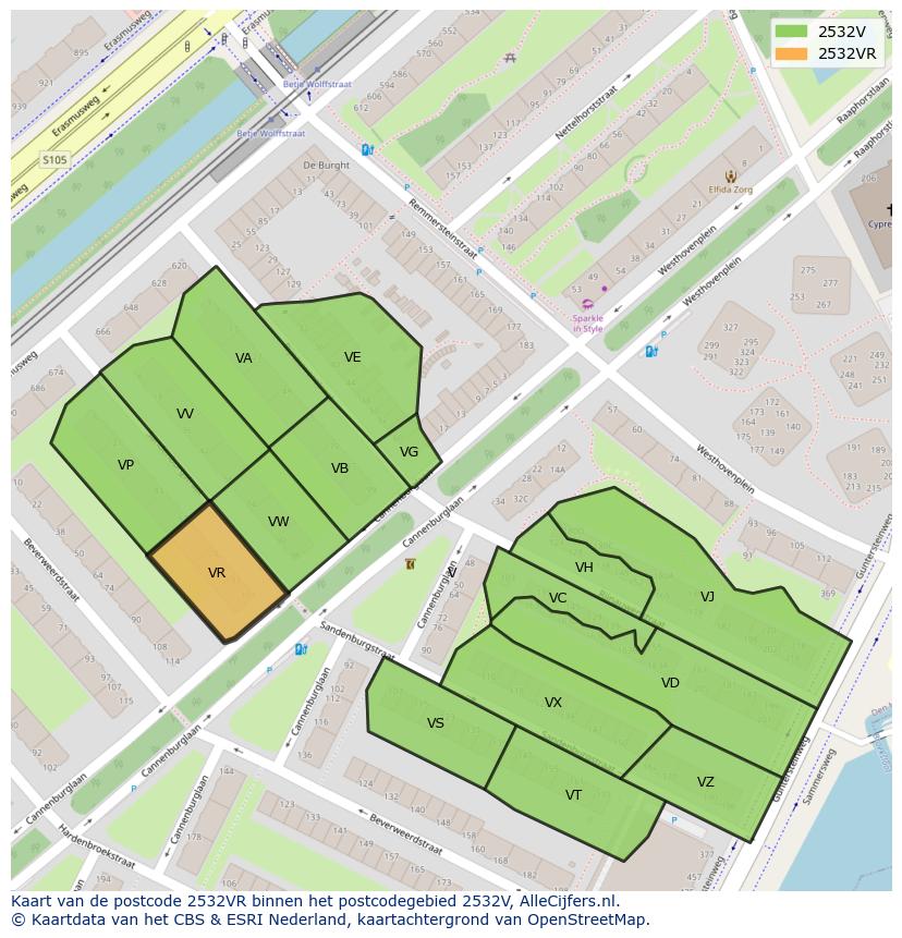Afbeelding van het postcodegebied 2532 VR op de kaart.