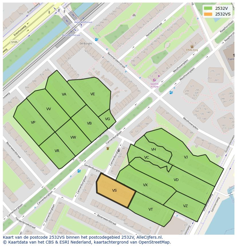 Afbeelding van het postcodegebied 2532 VS op de kaart.