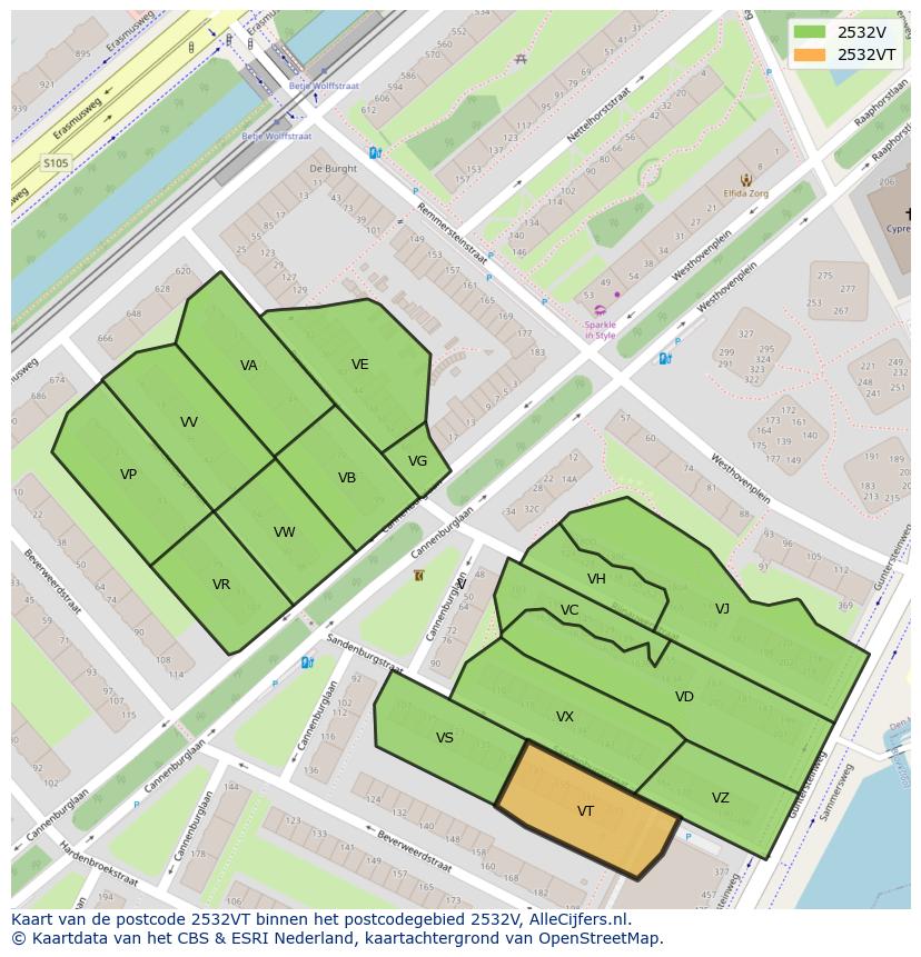 Afbeelding van het postcodegebied 2532 VT op de kaart.