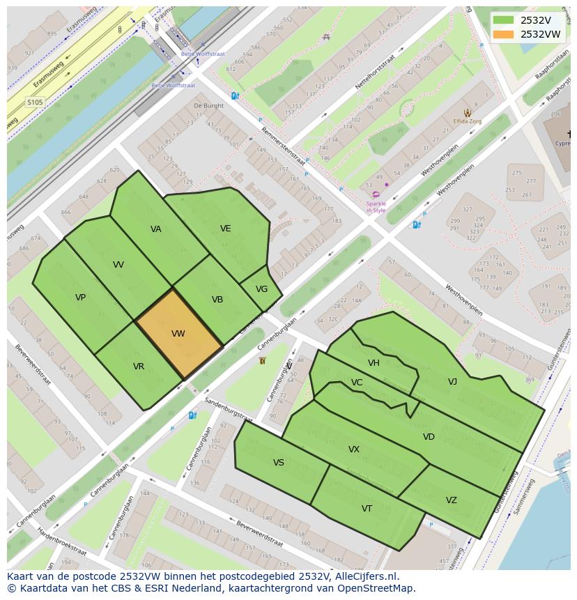 Afbeelding van het postcodegebied 2532 VW op de kaart.