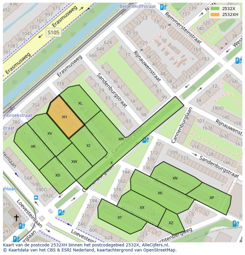 Afbeelding van het postcodegebied 2532 XH op de kaart.