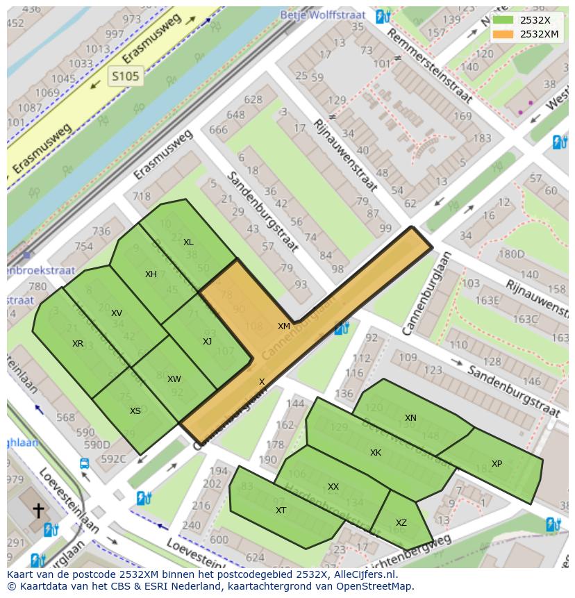Afbeelding van het postcodegebied 2532 XM op de kaart.