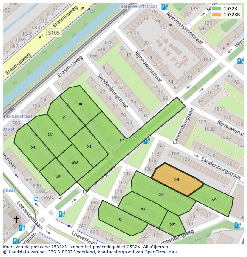 Afbeelding van het postcodegebied 2532 XN op de kaart.
