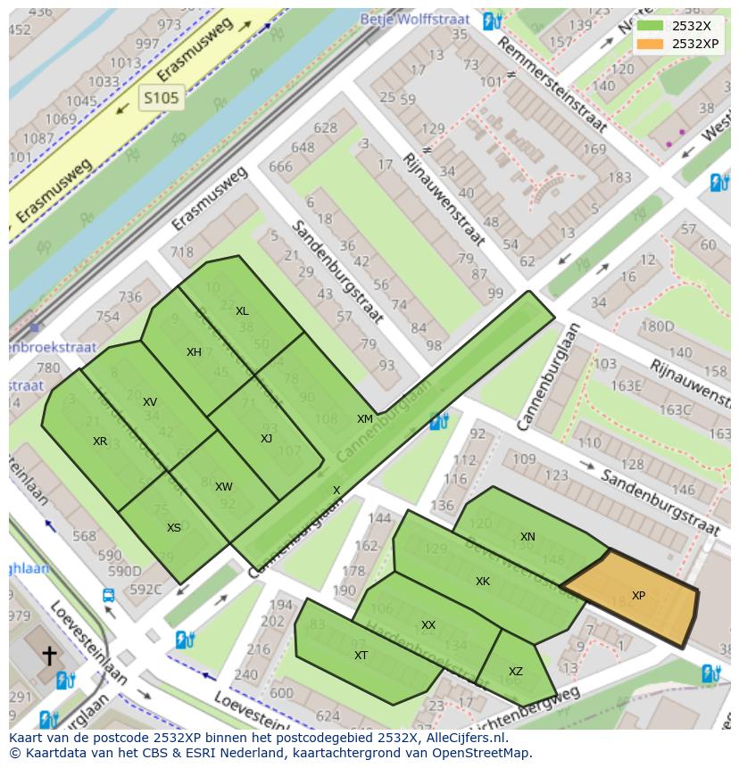 Afbeelding van het postcodegebied 2532 XP op de kaart.