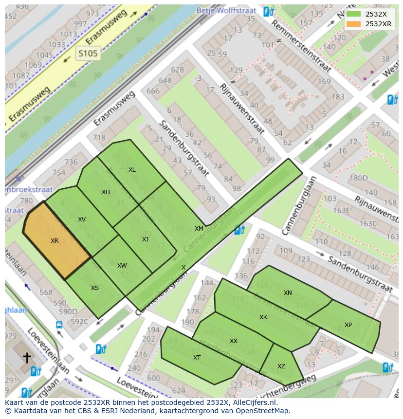 Afbeelding van het postcodegebied 2532 XR op de kaart.