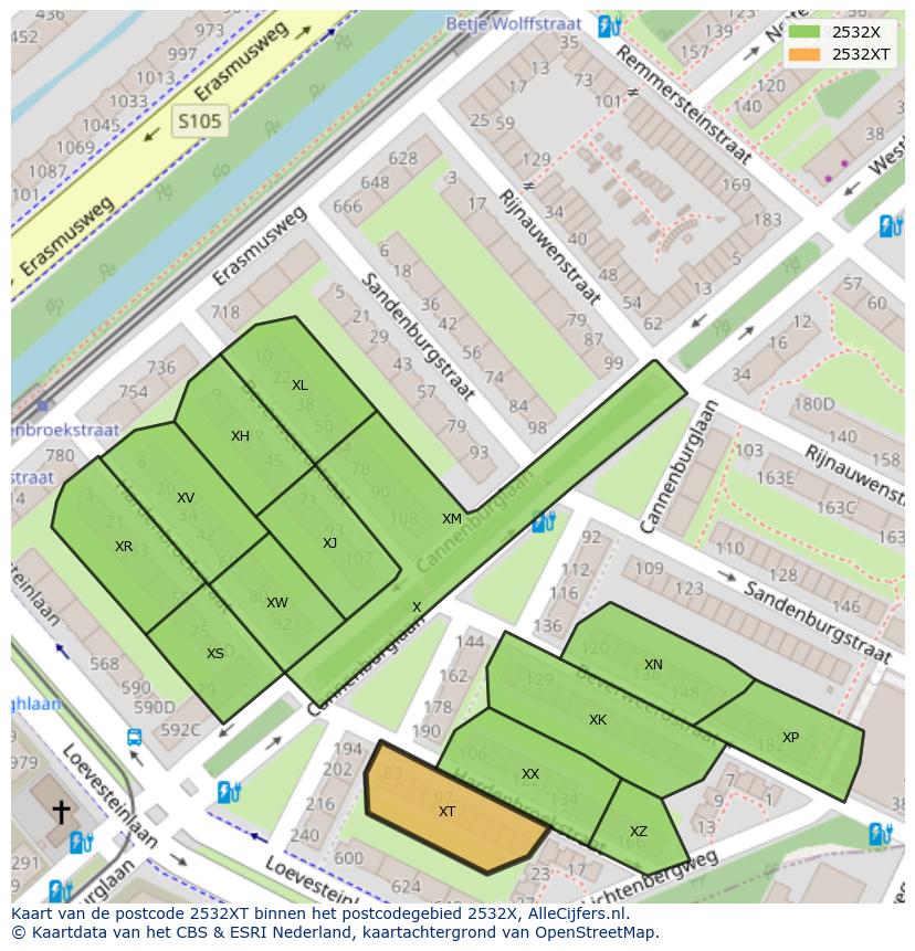 Afbeelding van het postcodegebied 2532 XT op de kaart.