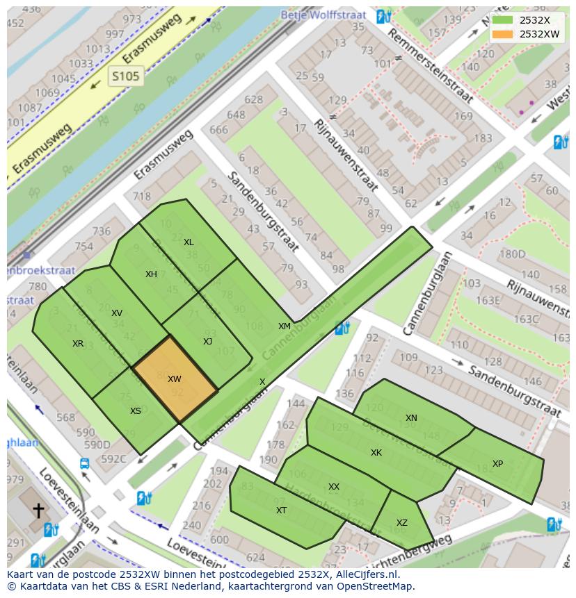 Afbeelding van het postcodegebied 2532 XW op de kaart.