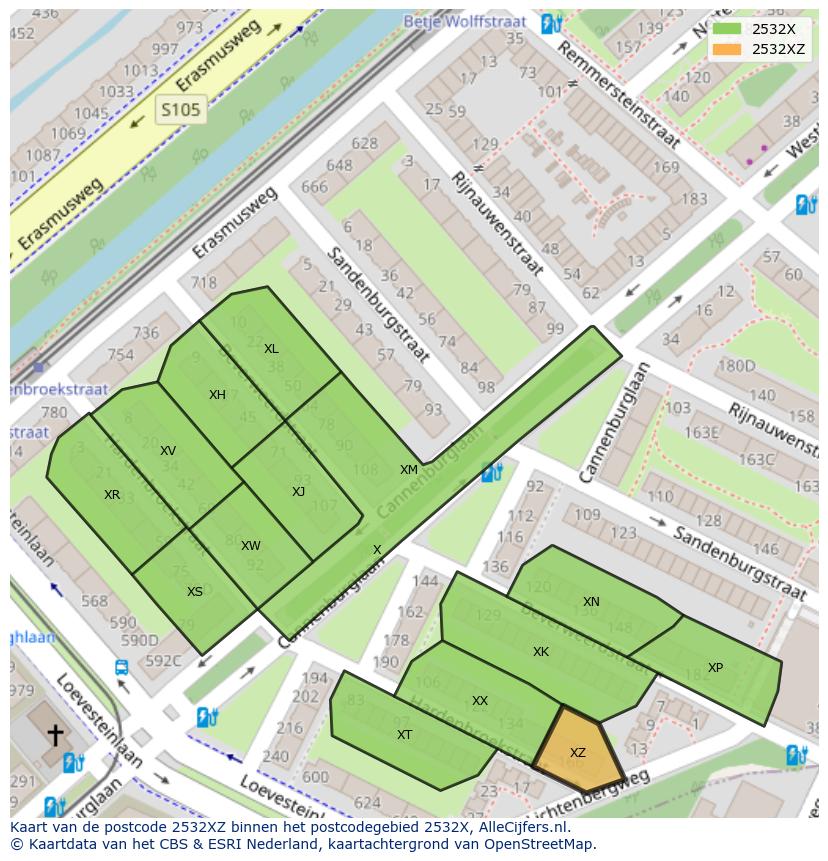 Afbeelding van het postcodegebied 2532 XZ op de kaart.