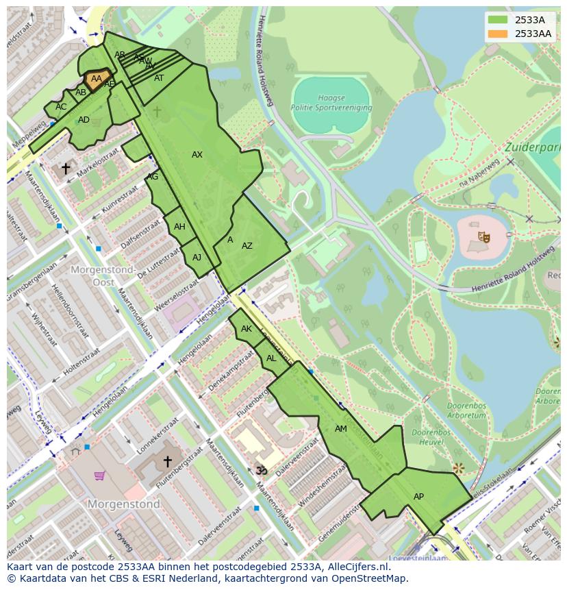 Afbeelding van het postcodegebied 2533 AA op de kaart.