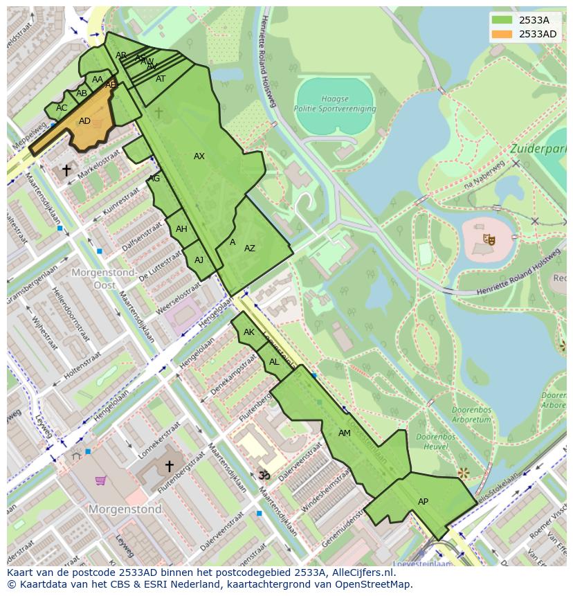 Afbeelding van het postcodegebied 2533 AD op de kaart.