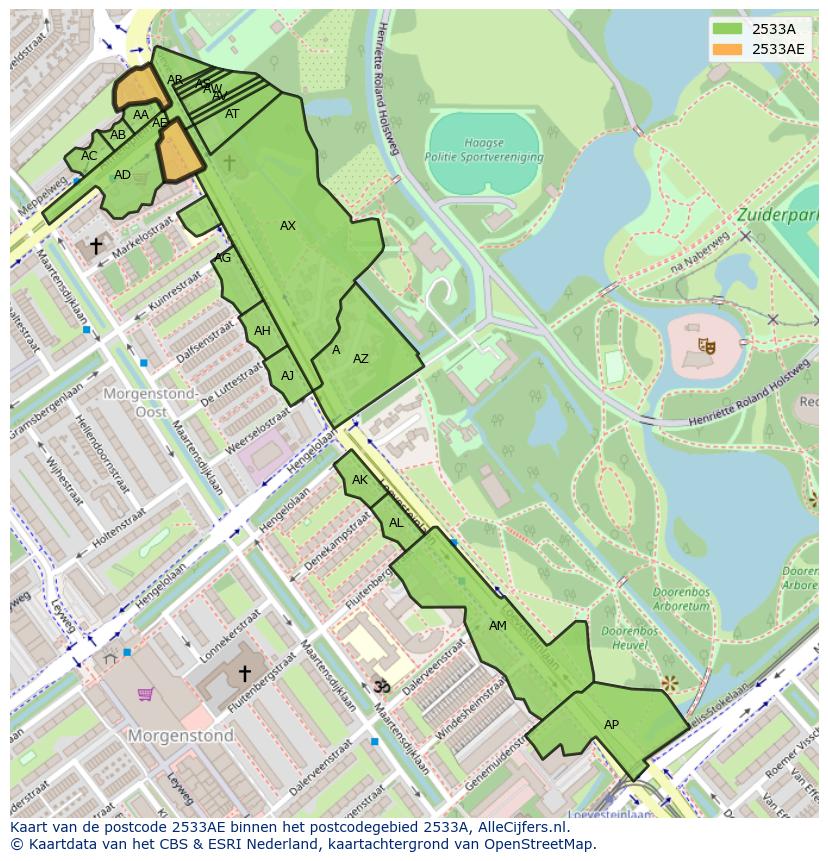 Afbeelding van het postcodegebied 2533 AE op de kaart.