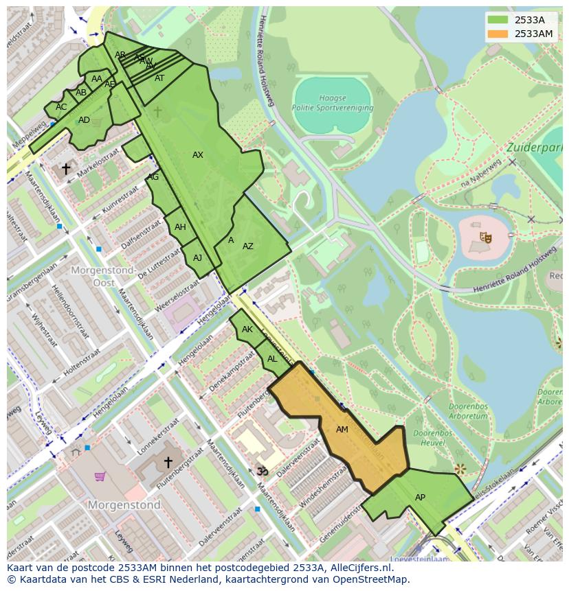 Afbeelding van het postcodegebied 2533 AM op de kaart.
