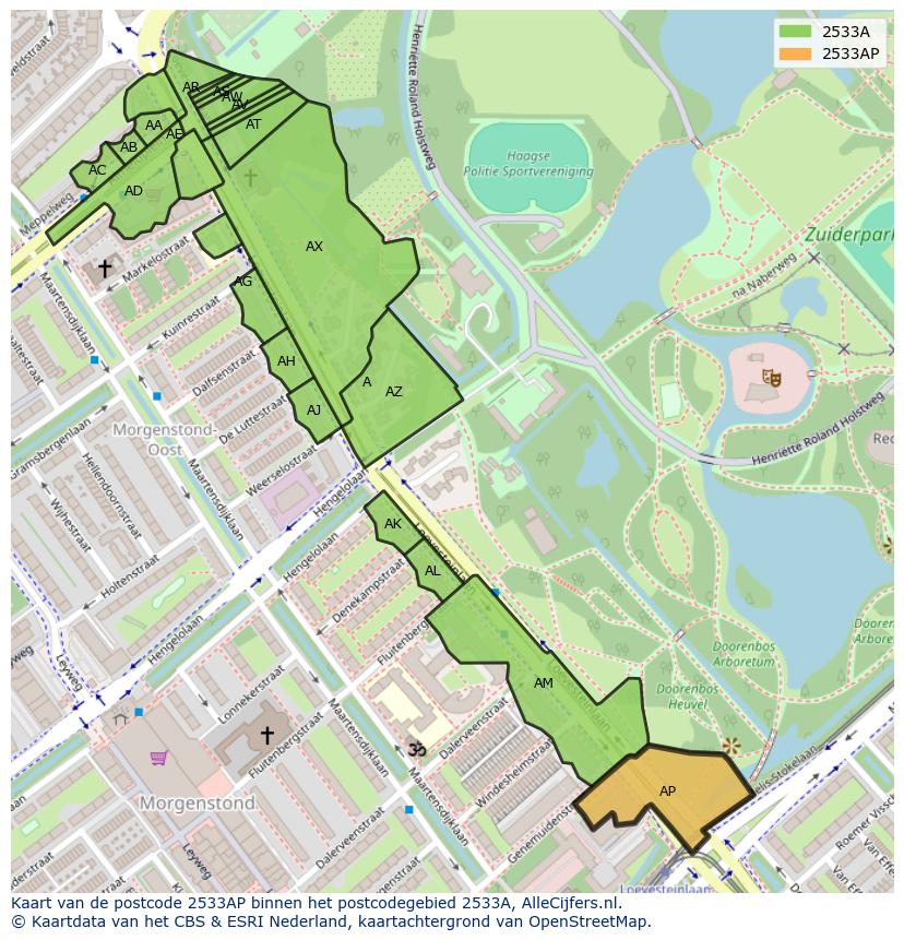 Afbeelding van het postcodegebied 2533 AP op de kaart.