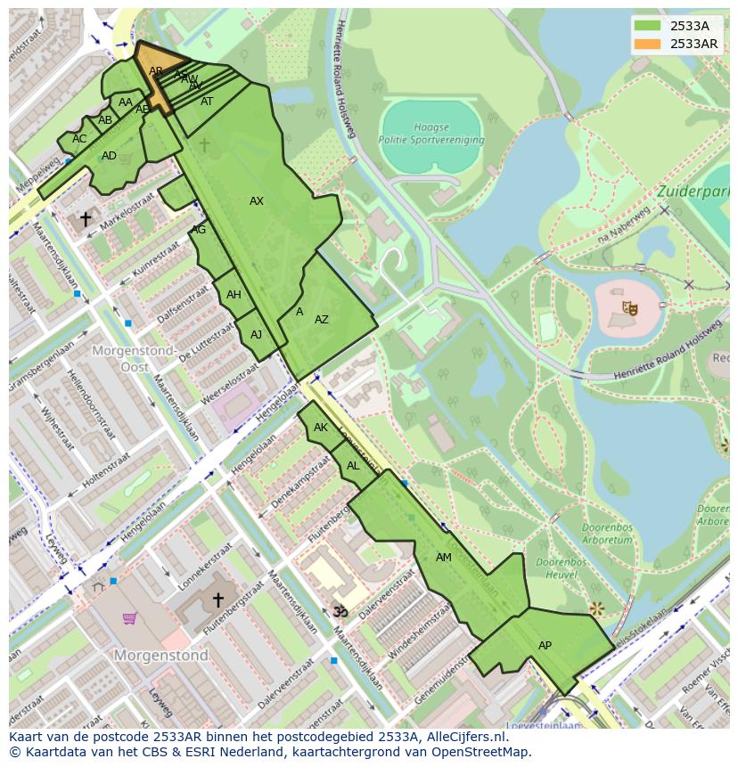 Afbeelding van het postcodegebied 2533 AR op de kaart.
