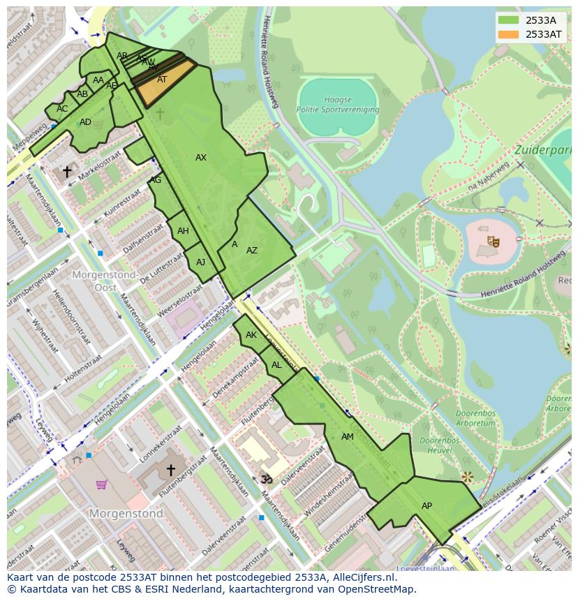 Afbeelding van het postcodegebied 2533 AT op de kaart.