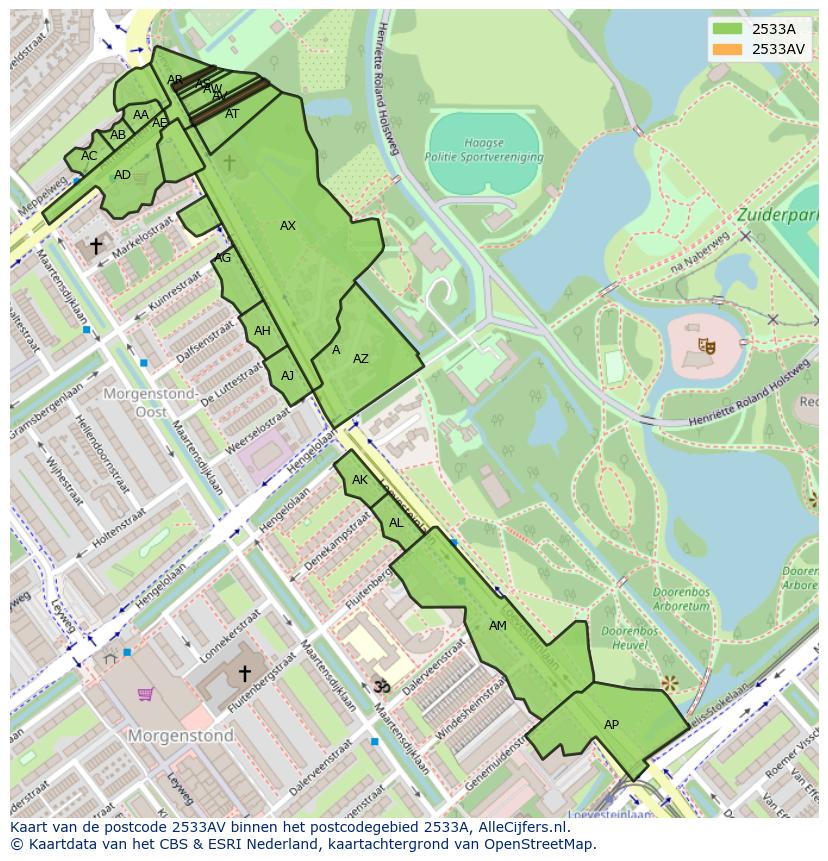 Afbeelding van het postcodegebied 2533 AV op de kaart.