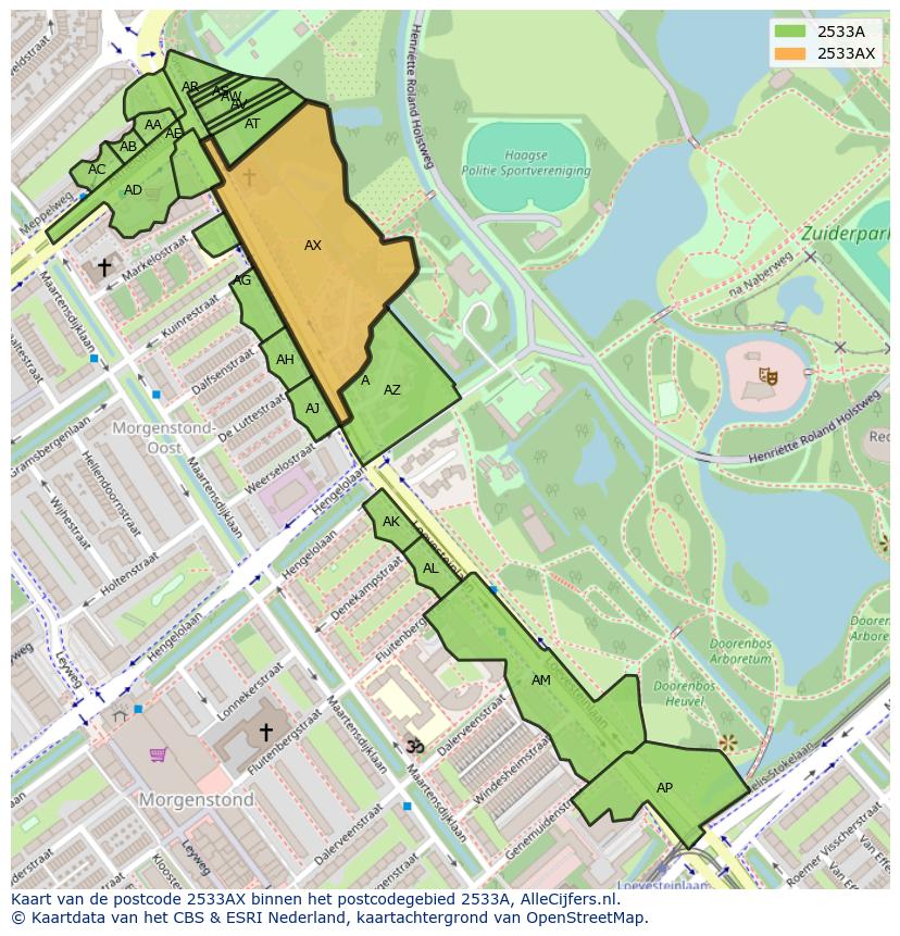 Afbeelding van het postcodegebied 2533 AX op de kaart.