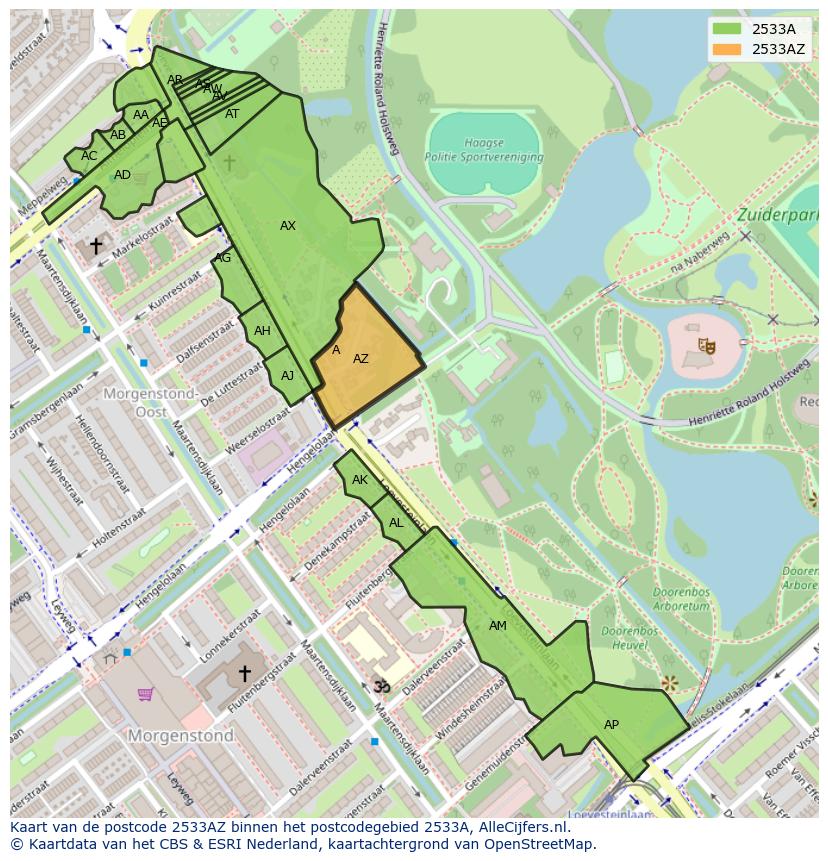 Afbeelding van het postcodegebied 2533 AZ op de kaart.