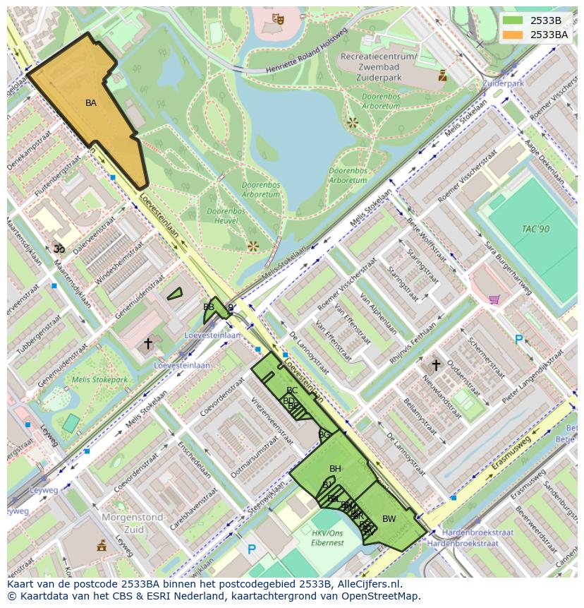 Afbeelding van het postcodegebied 2533 BA op de kaart.