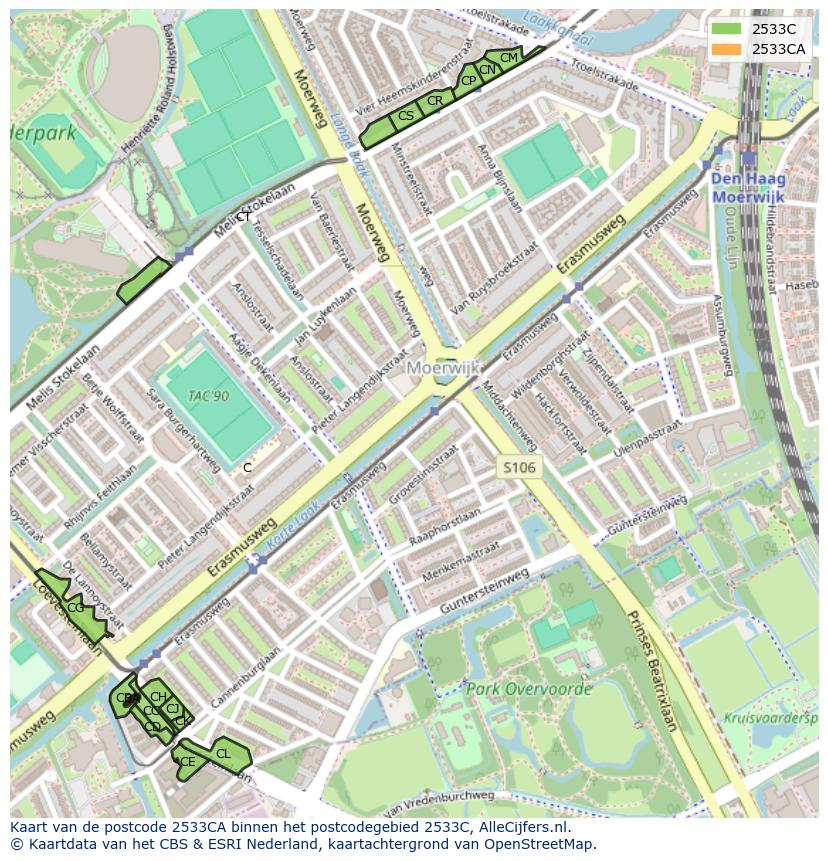 Afbeelding van het postcodegebied 2533 CA op de kaart.