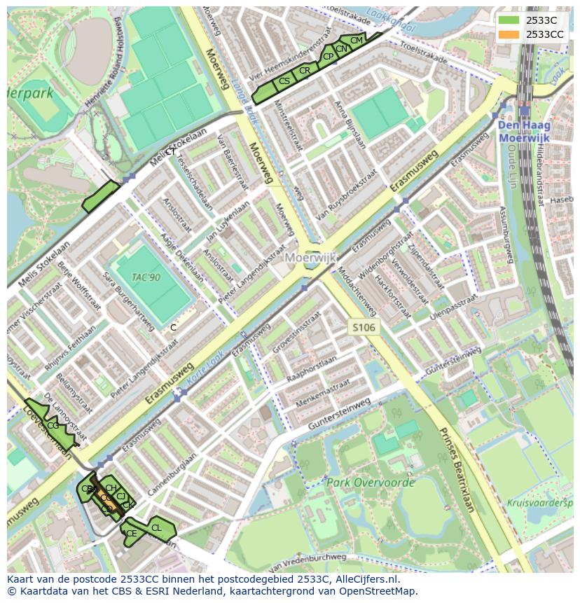 Afbeelding van het postcodegebied 2533 CC op de kaart.