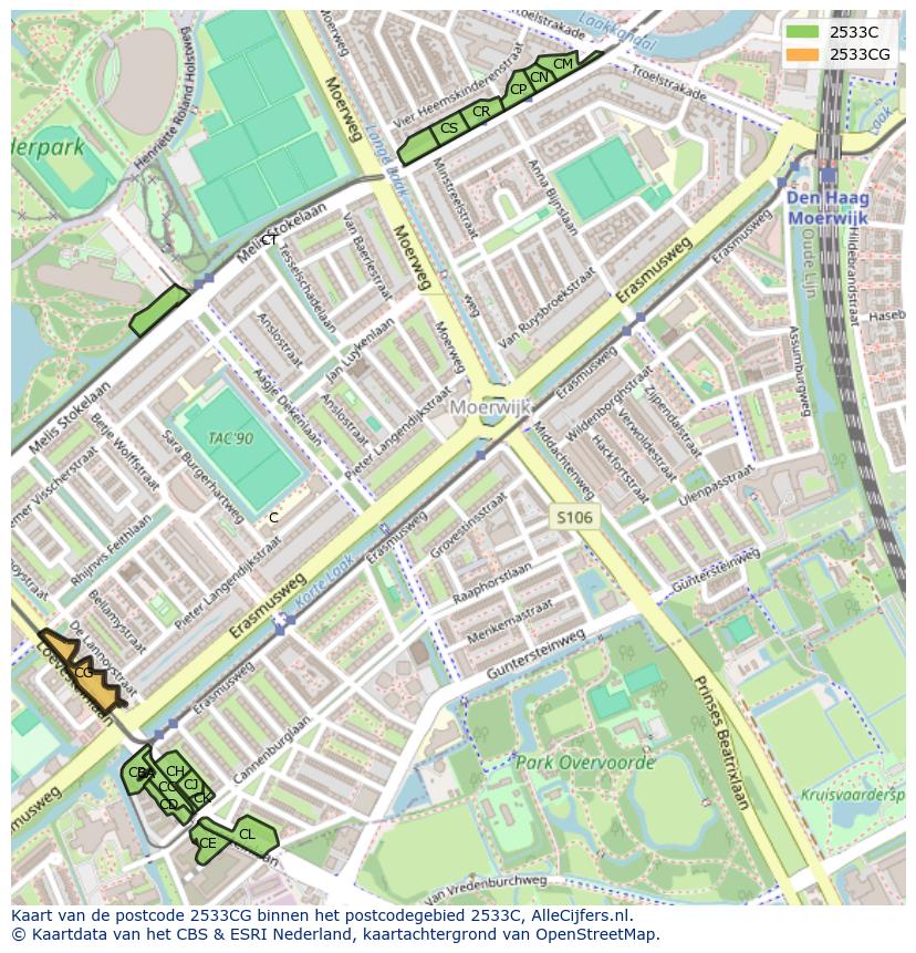 Afbeelding van het postcodegebied 2533 CG op de kaart.