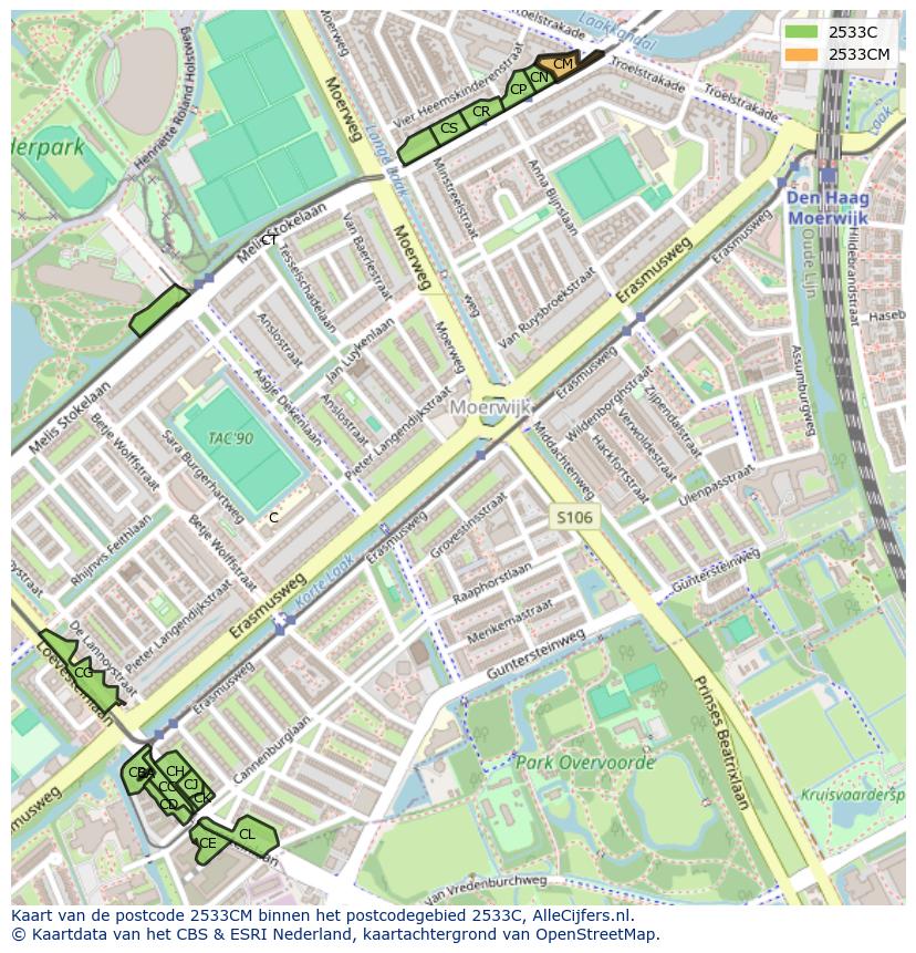 Afbeelding van het postcodegebied 2533 CM op de kaart.