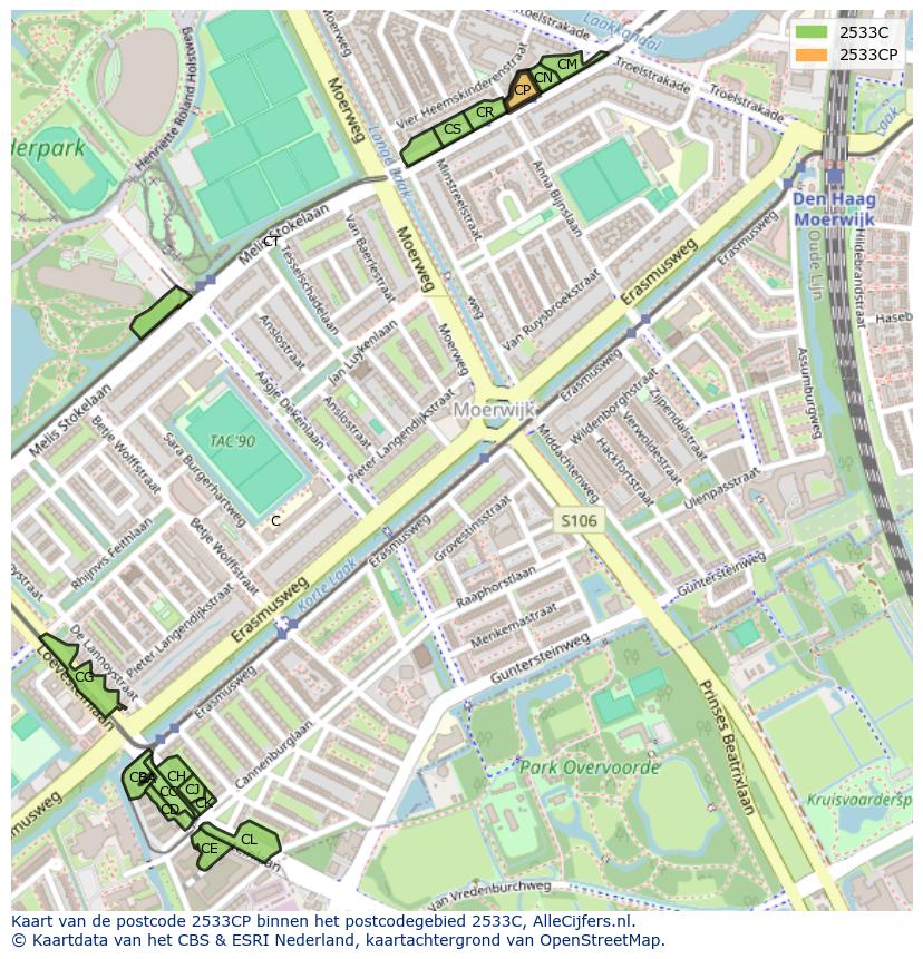 Afbeelding van het postcodegebied 2533 CP op de kaart.