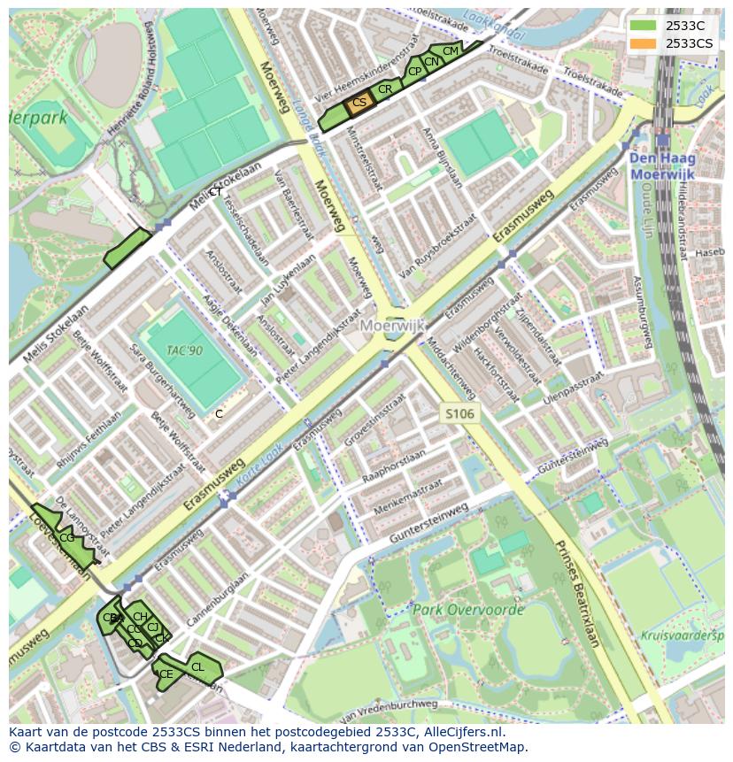 Afbeelding van het postcodegebied 2533 CS op de kaart.