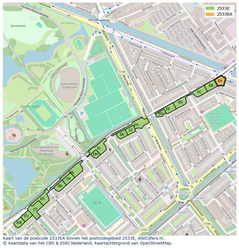 Afbeelding van het postcodegebied 2533 EA op de kaart.