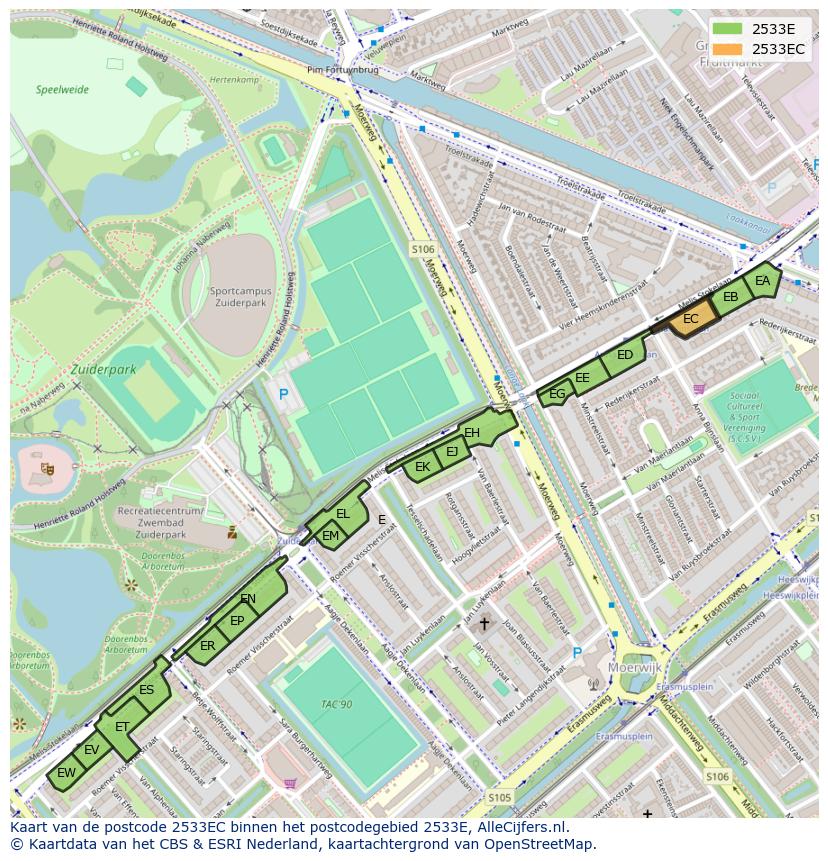 Afbeelding van het postcodegebied 2533 EC op de kaart.
