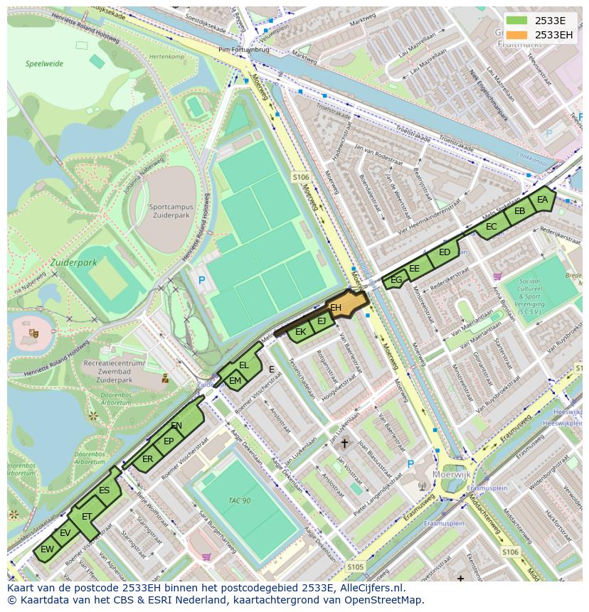 Afbeelding van het postcodegebied 2533 EH op de kaart.