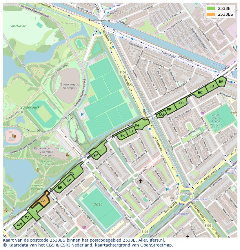 Afbeelding van het postcodegebied 2533 ES op de kaart.