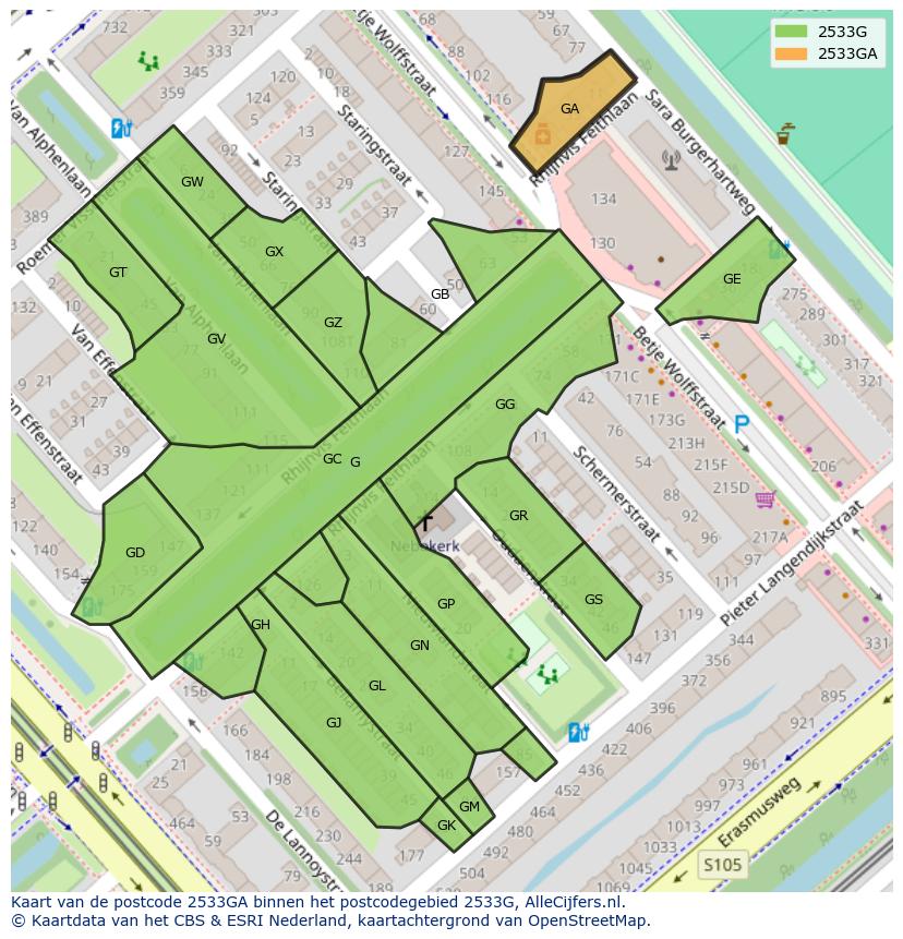 Afbeelding van het postcodegebied 2533 GA op de kaart.