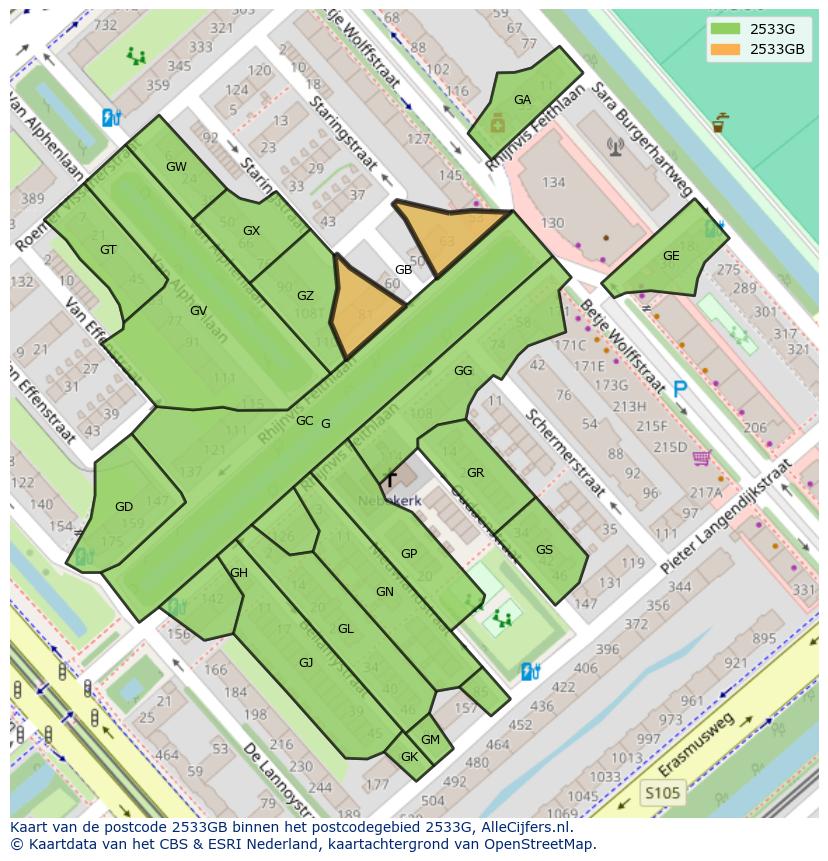 Afbeelding van het postcodegebied 2533 GB op de kaart.