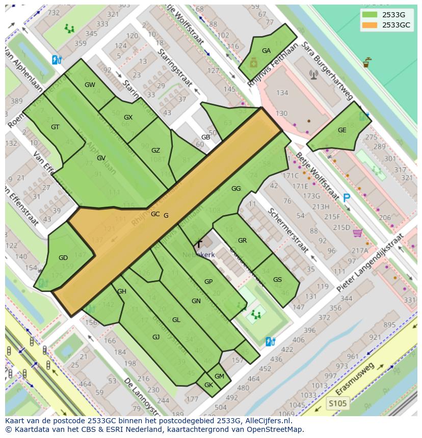 Afbeelding van het postcodegebied 2533 GC op de kaart.