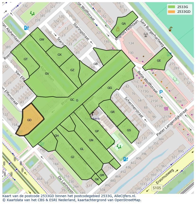 Afbeelding van het postcodegebied 2533 GD op de kaart.