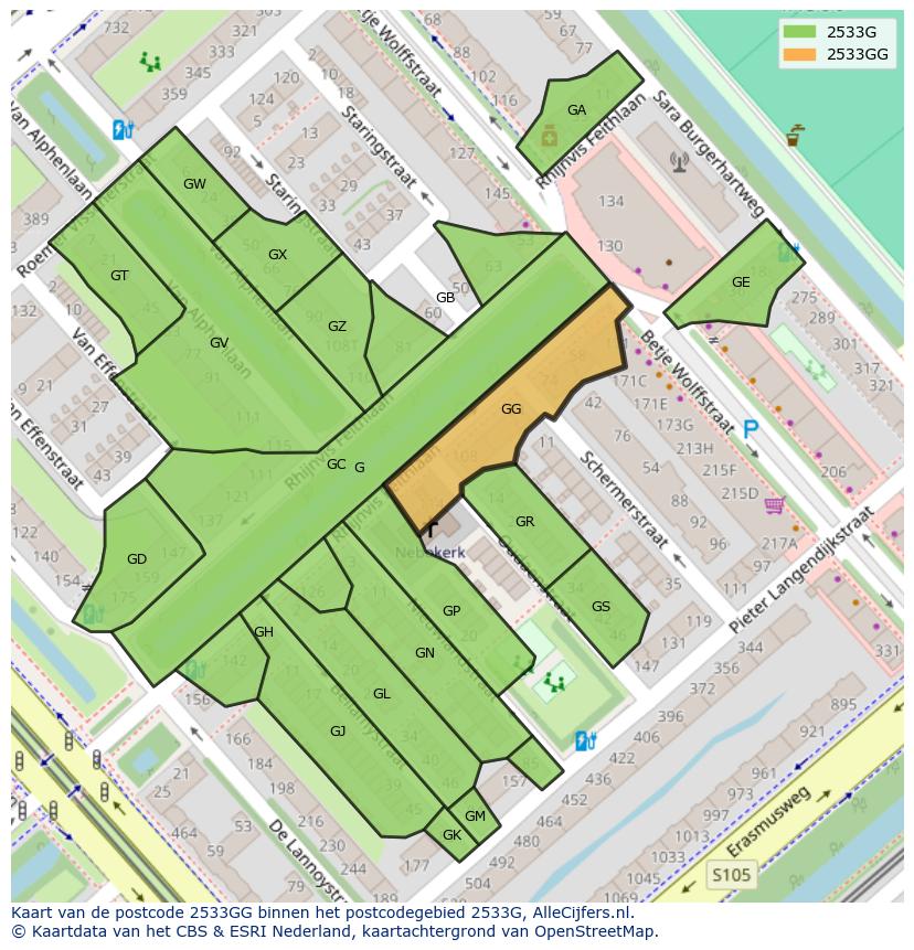 Afbeelding van het postcodegebied 2533 GG op de kaart.