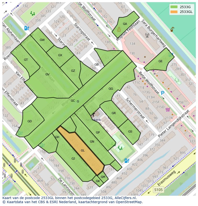 Afbeelding van het postcodegebied 2533 GL op de kaart.